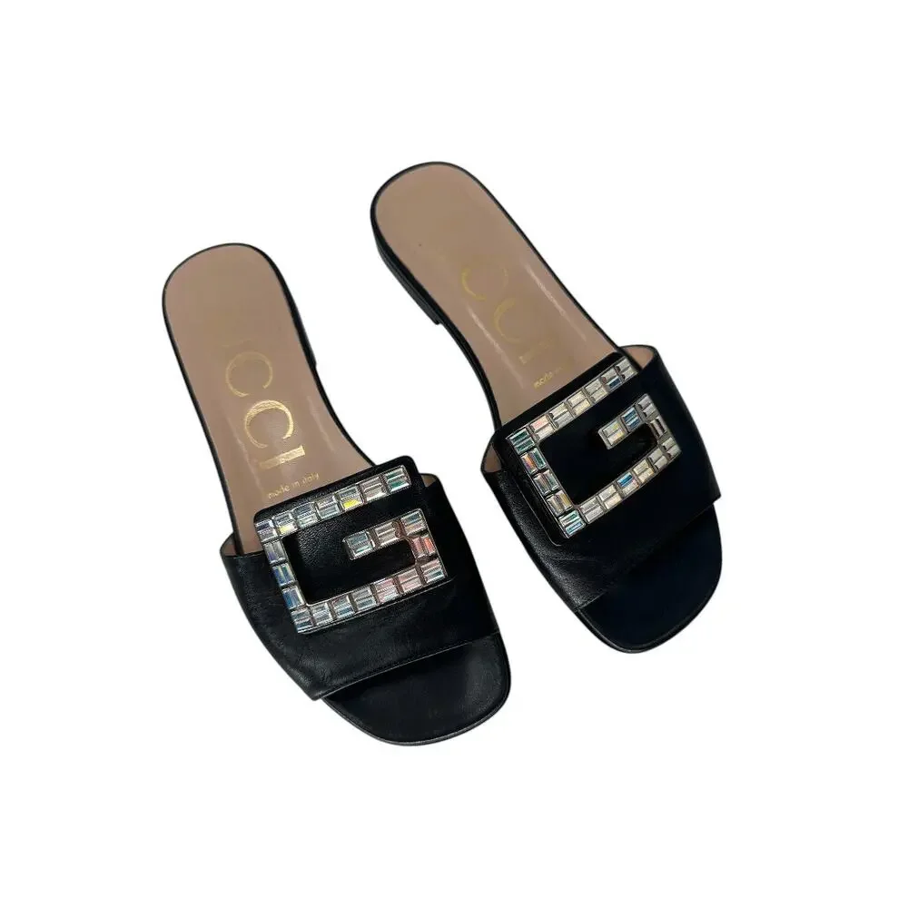 Gucci Leather Madelyn Crystal G Logo Slide Flats Sandals Black Size 36.5